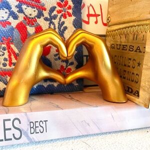 Gold Tone Heart Hands Resin Decor Figurine Shelf Accent Gift Home Cute Desk Art